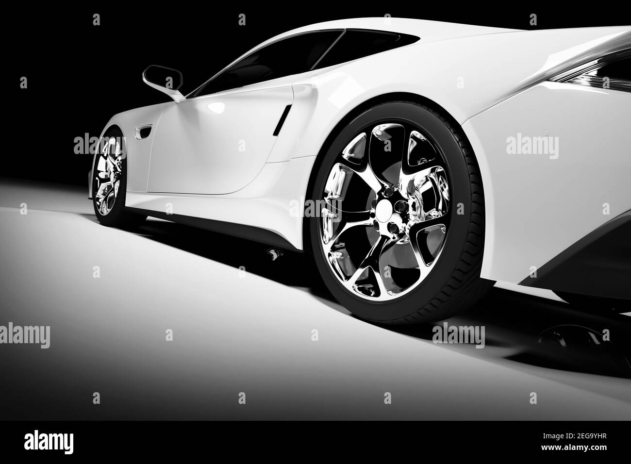 Moderner weißer Sportwagen im Scheinwerferlicht auf schwarzem Hintergrund. Vorderansicht. 3D Rendern. Luxusautos. Stockfoto