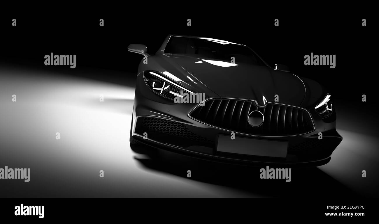 Moderner schwarzer Sportwagen im Scheinwerferlicht auf schwarzem Hintergrund. Vorderansicht. 3D Rendern. Luxusautos. Stockfoto