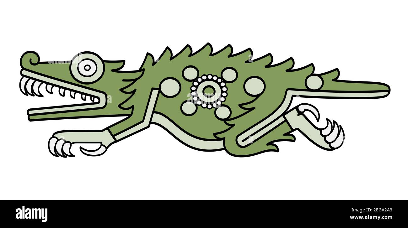 Azteken Krokodil Symbol, wie in Codex Laud im 16th. Jahrhundert dargestellt. Auch Cipactli, der erste Tag der Azteken divinatory Graf. Grünes Krokodilzeichen. Stockfoto