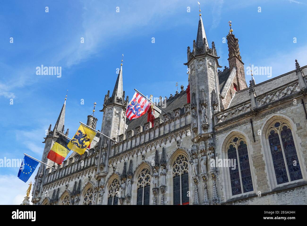 Außenansicht des mittelalterlichen Rathauses in Brügge, Belgien Stockfoto