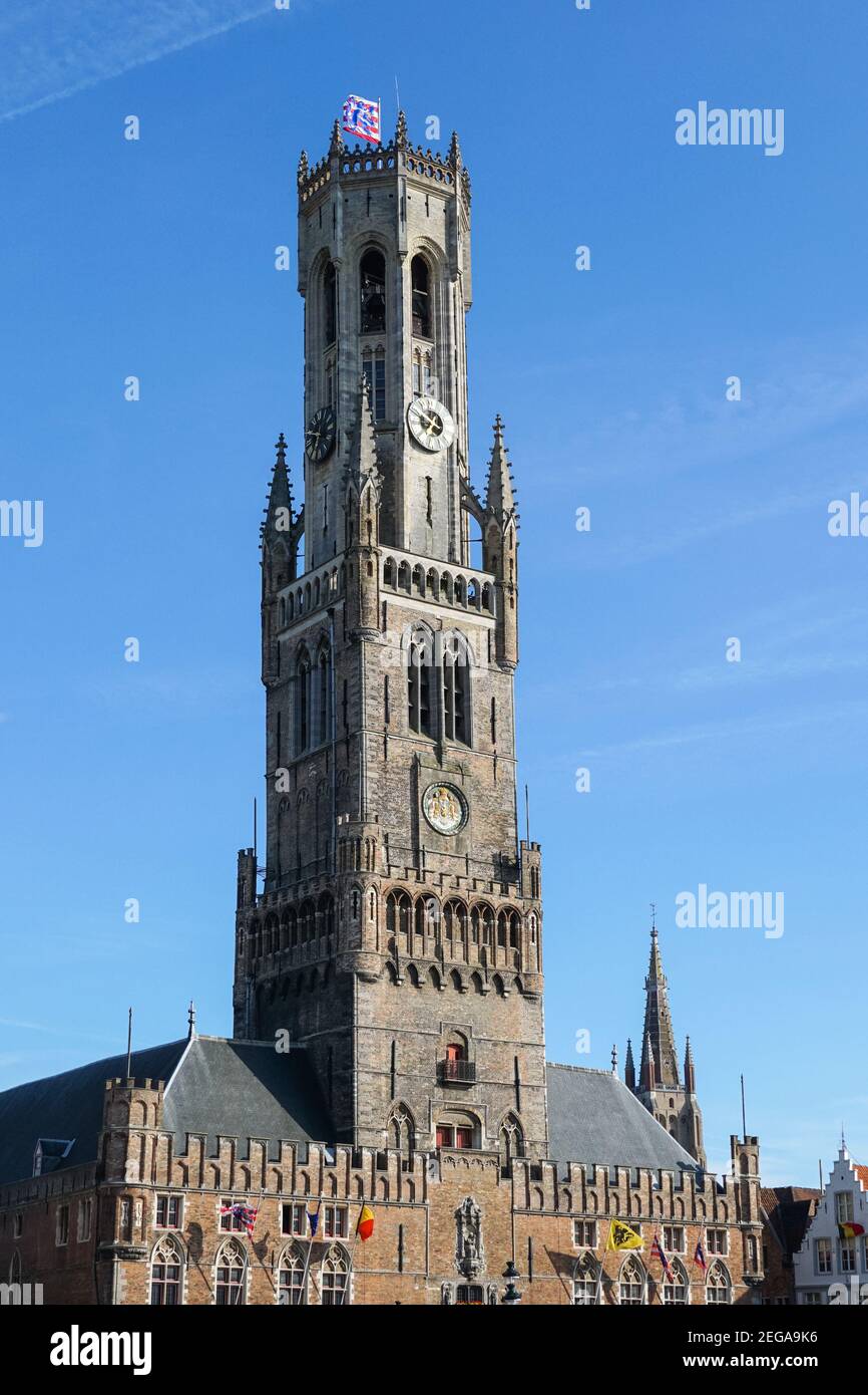 Der Belfried von Brügge mittelalterlicher Glockenturm im Zentrum von Brügge, Belgien Stockfoto