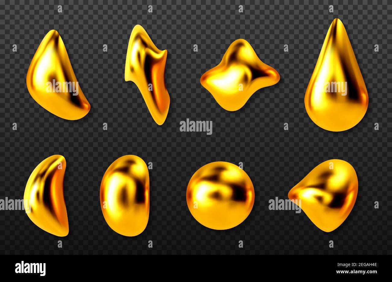 Flüssige Goldtropfen, goldene 3D abstrakte Farbtropfen, Kosmetiköl oder Kollagenkapseln verschiedener Formen, metallische Textur isoliert auf transparentem Hintergrund, realistische Vektorgrafik, Set Stock Vektor