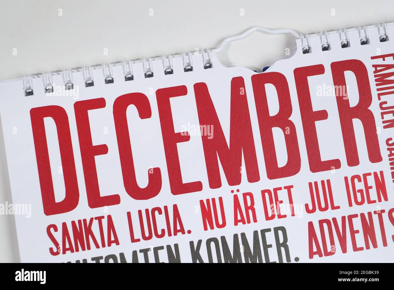 MOTALA, SCHWEDEN- 31. JANUAR 2021: Dezember in einem Familienkalender. Stockfoto