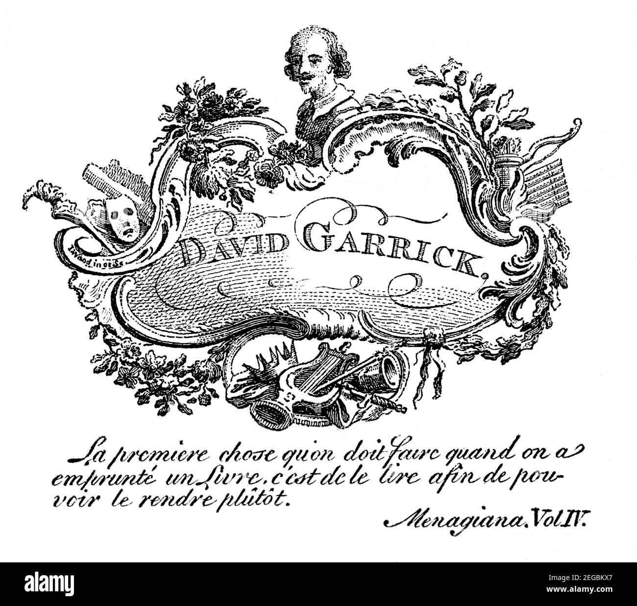 Gravierte Exlibris des Schauspielers David Garrick aus dem 18th. Jahrhundert mit französischem Zitat gegen den Diebstahl von Büchern Stockfoto