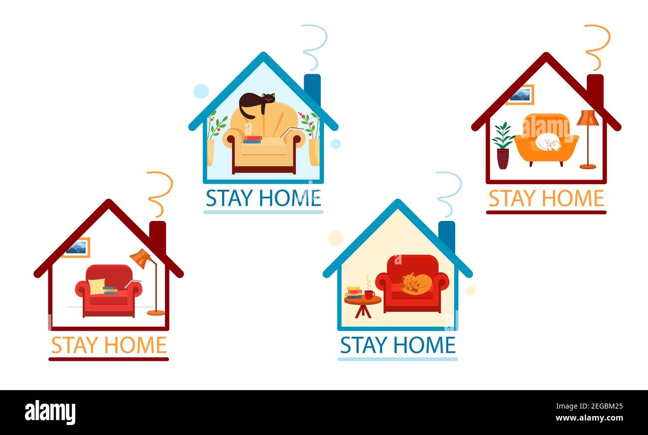 Set-Konzept zu Hause bleiben. Gemütliches Zuhause und Lesen in Coronavirus. Nette Katze schläft auf Stuhl. Vektorgrafik im flachen Stil. Stock Vektor