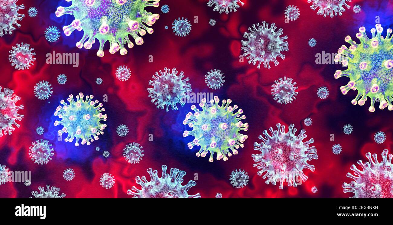 Mutierendes Viruskonzept und neues Coronavirus b,1.1,7 Variantenausbruch oder covid-19 Viruszellmutation und Influenza-Hintergrund als gefährliche Grippe. Stockfoto