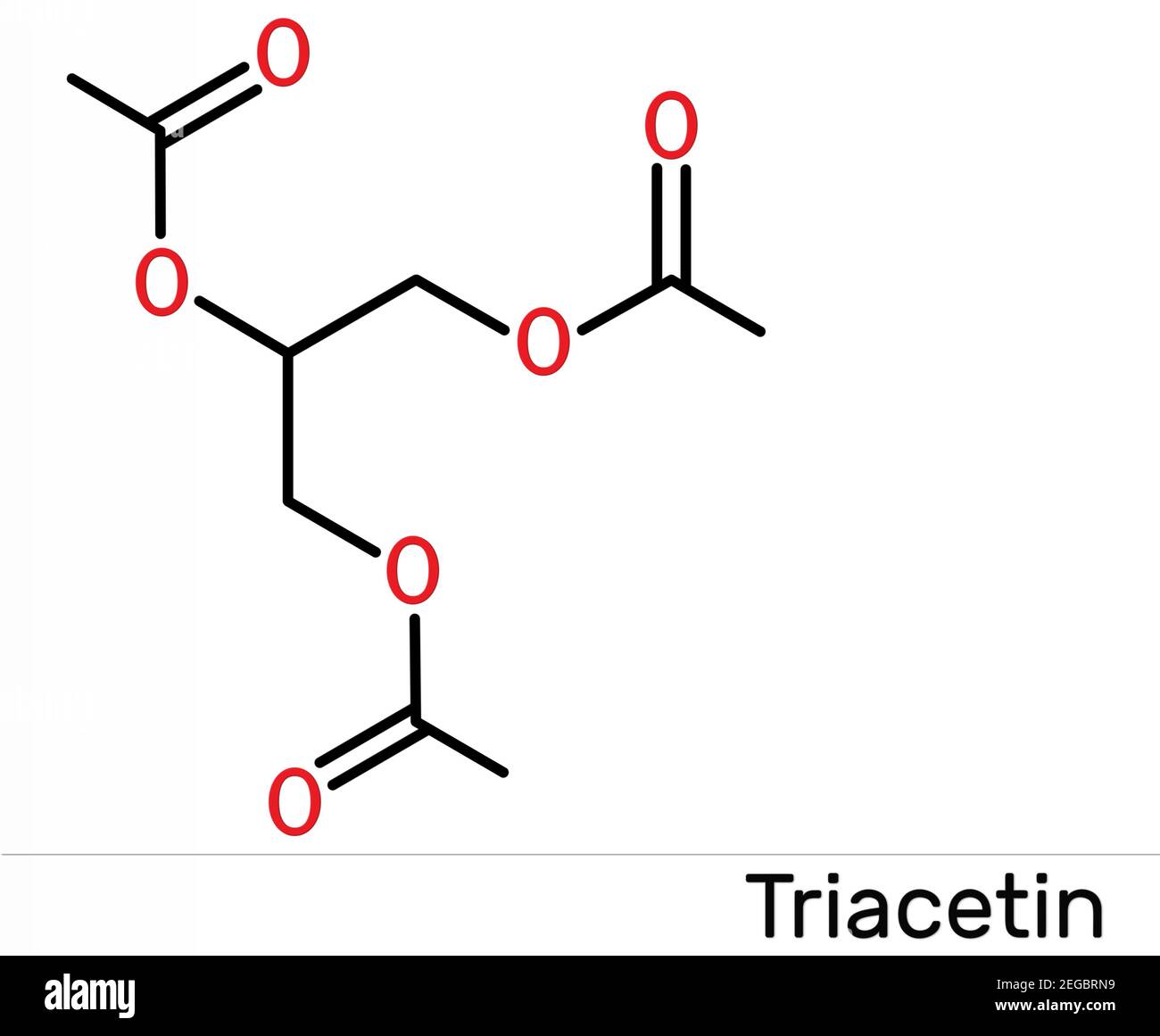 Triacetin, Glycerin-Triacetat-Molekül. Es ist Triglycerid, Triester von Glycerin, Lebensmittelzusatzstoff mit E-Nummer E1518. Chemische Formel des Skeletts. Abb. Stockfoto