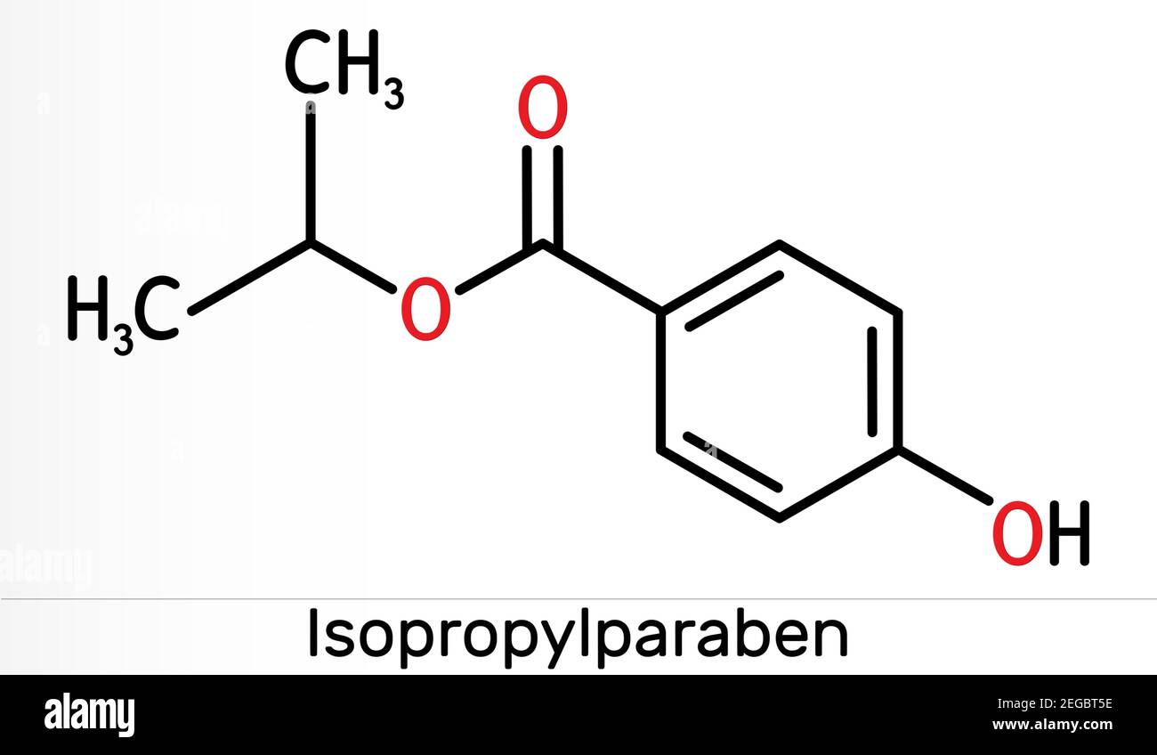 Isopropylparaben, Isopropylparaben-Molekül. Es ist Paraben, antimikrobiell, antimykotische Konservierungsmittel. Chemische Formel des Skeletts. Abbildung Stockfoto