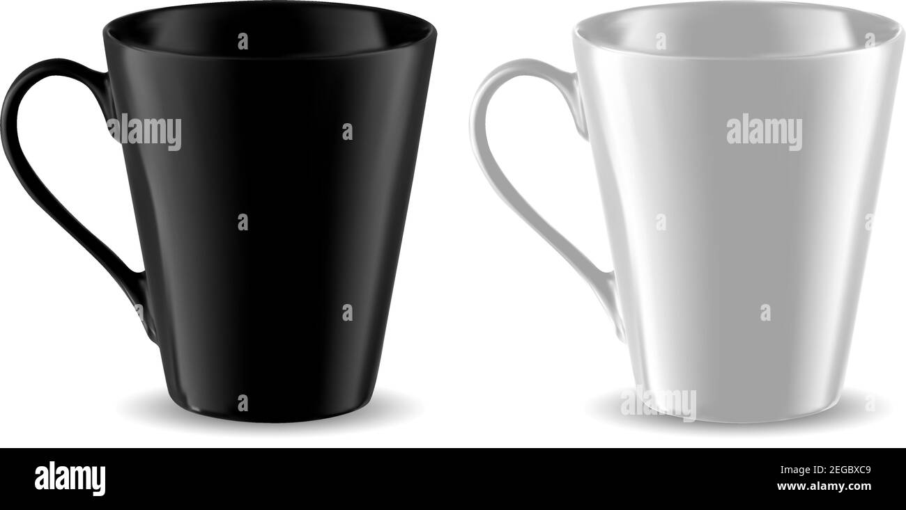 Cup Mockup. Schwarz-Weiß-Becher-Vorlage isoliert. Kaffee oder Tee Keramikporzellan. Klassische Office-Label- oder Markenpräsentation auf weißem Hintergrund. Ph Stock Vektor