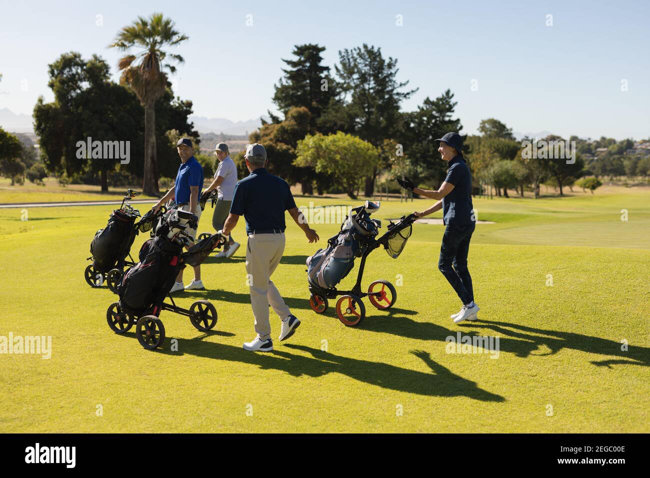 Vier kaukasische ältere Männer und Frauen, die über den Golfplatz laufen Halten von Golftaschen Stockfoto