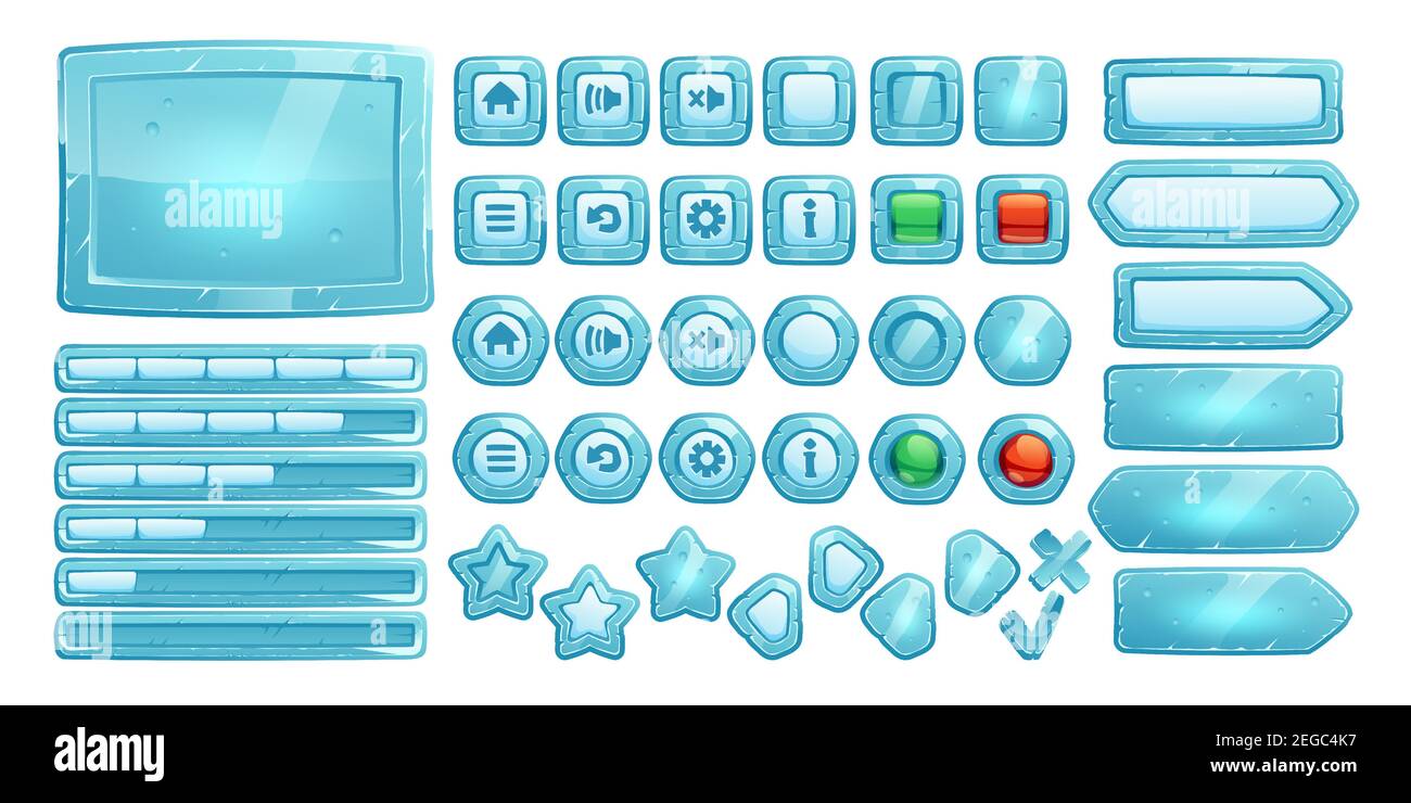 Ice Buttons für ui-Spiel, gui-Elemente auf weißem Hintergrund isoliert. Vektor-Cartoon-Kit von blauen gefrorenen Banner, Menü-Tasten mit Schildern, Pfeile und Fortschrittsbalken für mobile Spiel Stock Vektor