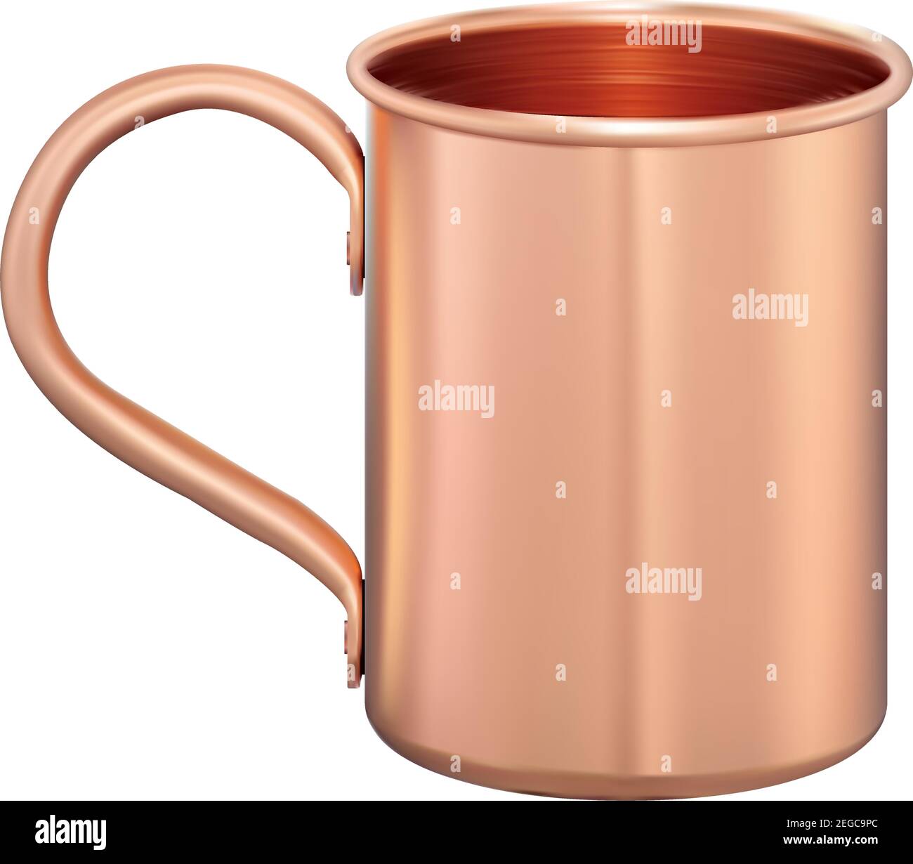 Becher aus Metall. Kupferfarbener Touristenbecher. Mockup-Schablone für Kaffee, Tee oder Wasserflasche isoliert auf weißem Hintergrund. Vektorrohling aus Aluminium oder Stahl. Gold-Metall Stock Vektor