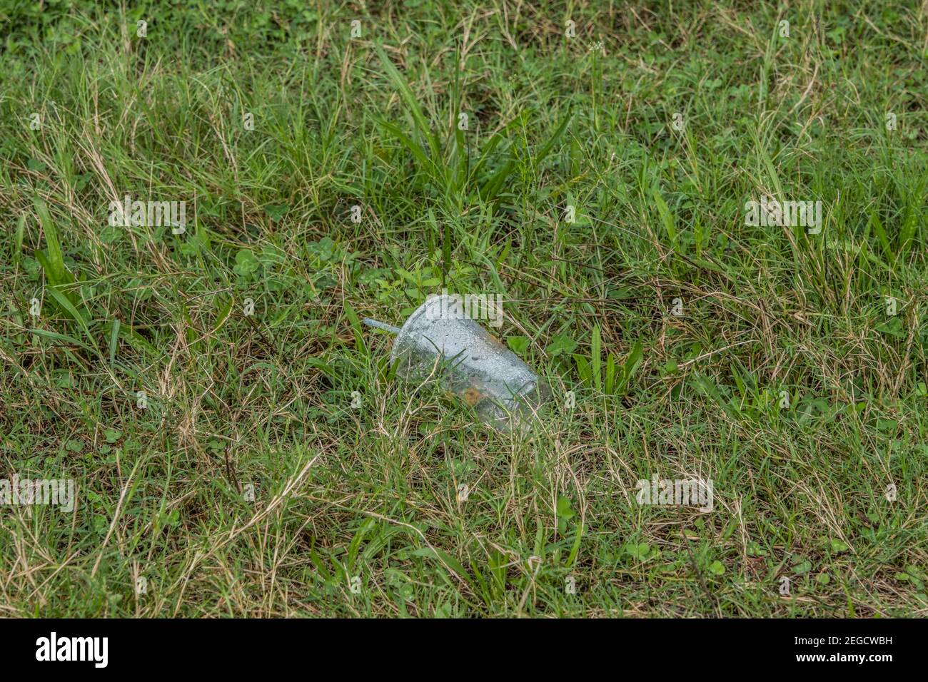 Leeren Sie den Plastikbecher für fast Food zum Mitnehmen, der auf dem entsorgt wird Boden mit einem Stroh Verschmutzung der Umwelt globalen Auswirkungen Stockfoto