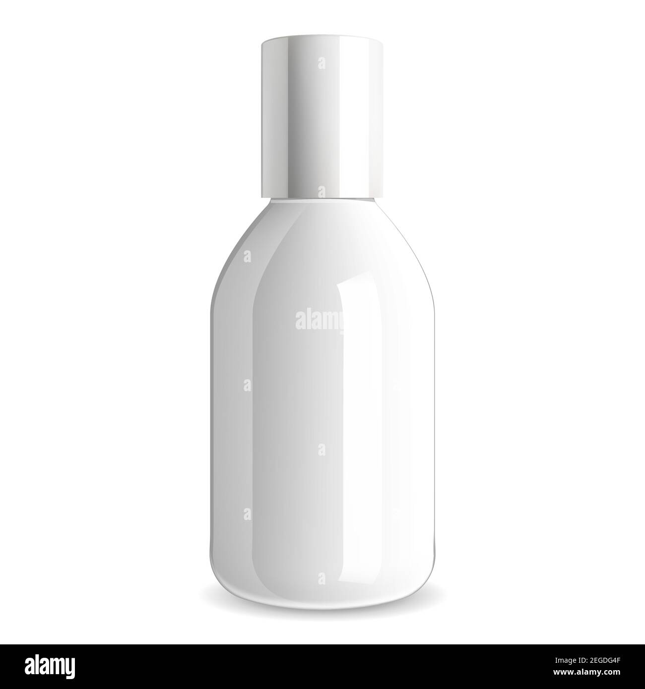Weiße Kosmetikflasche. Glänzende Glas Verpackungsvorlage für Shampoo, Gel, Creme. Realistische medizinische Behälter Illustration Mockup. Badeprodukt Kunststoff Stock Vektor