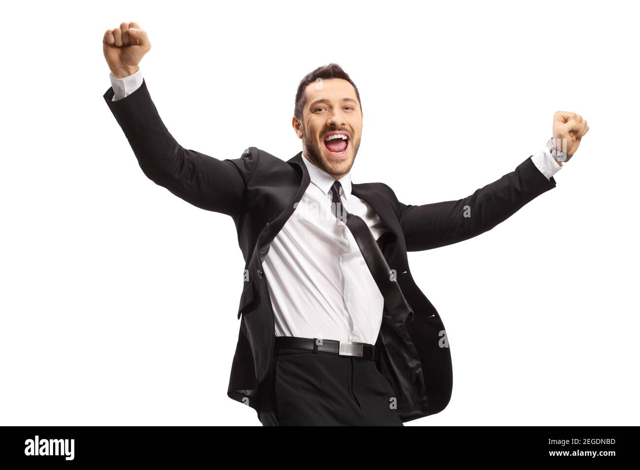 Geschäftsmann springen in Aufregung isoliert auf weißem Hintergrund Stockfoto