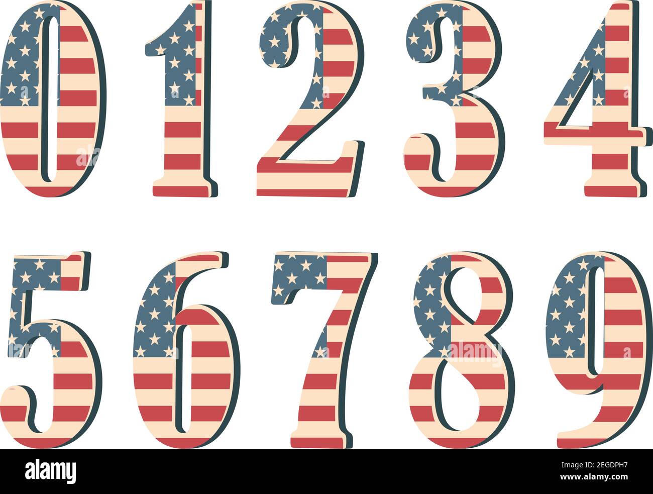 3D-Zahlen mit amerikanischer Flaggentextur isoliert auf weißem Hintergrund. Vektorgrafiken. Element für die Konstruktion. Kinderalphabet. Die patriotische Schrift der USA ist ein Flag. Stock Vektor
