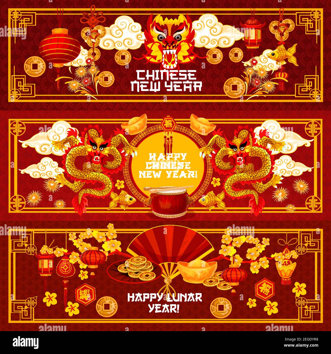 Chinesische Neujahrsgrüße Banner der traditionellen China goldenen Ornamenten und Dekorationen und Hieroglyphen Wünsche in Gold Rahmen. Vector Mondjahr Urlaub Stock Vektor