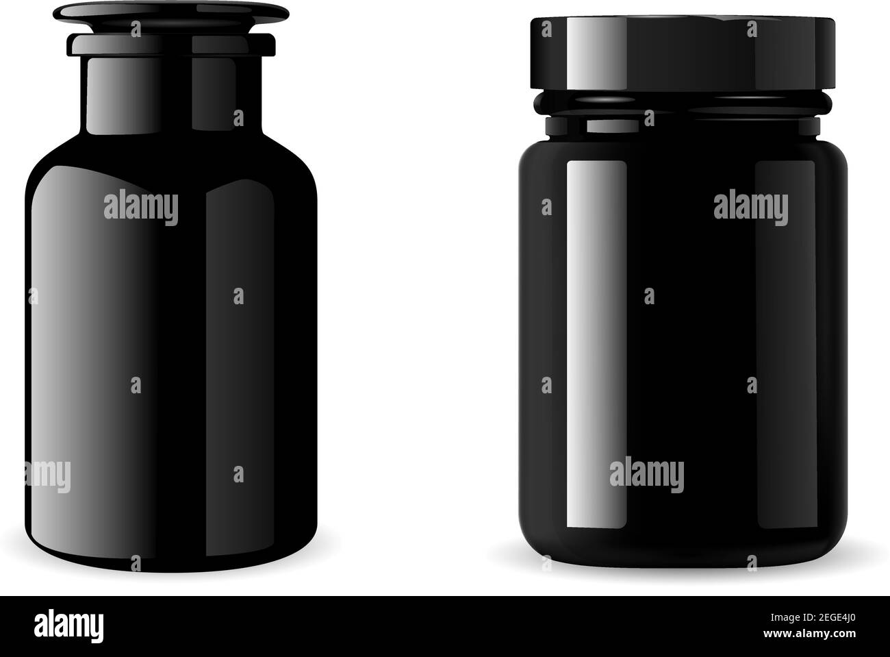 Schwarze Ergänzungsflasche. Glänzendes Medizinglas Mockup. 3D Vektor-Verpackung für Tablette, Vitamin. Pillenbehälter auf weißem Hintergrund isoliert. Medizinische gla Stock Vektor