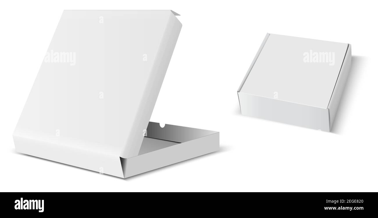 Pizza Box Mockup. Design der Papierpaket-Vorlage. Lieferbehälter für Restaurantprodukte. Offener und geschlossener Karton in 3D Perspektive, isoliert. Realist Stock Vektor