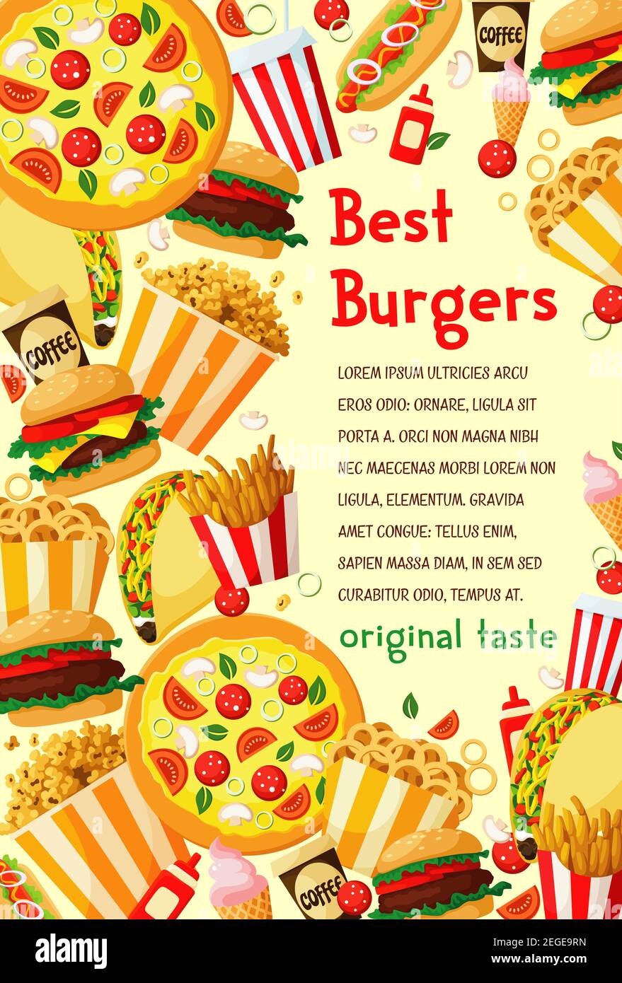 Fastfood beste Burger-Menü Poster für Fastfood-Restaurant oder Bistro-Café. Vector Cheeseburger, Hamburger oder Hot Dog Sandwich und Pizza, Eis oder Stock Vektor