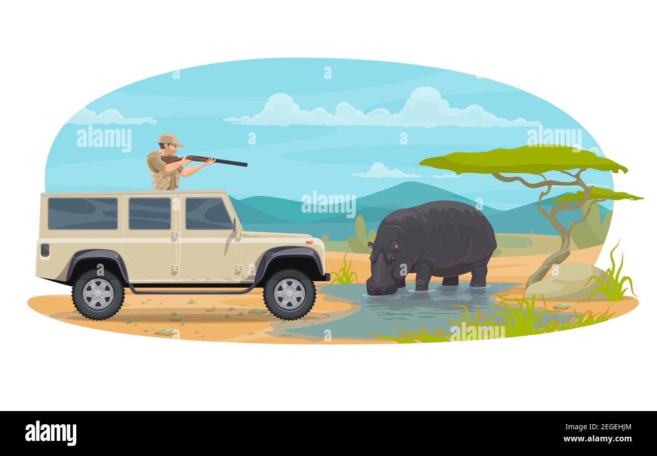 Hunter Jagd Nilpferd auf afrikanische Safari Jagd. Vector flaches Design des Jägers Mann mit Gewehr in Camouflage Outfit im Auto auf der Jagd offene Saison in Stock Vektor