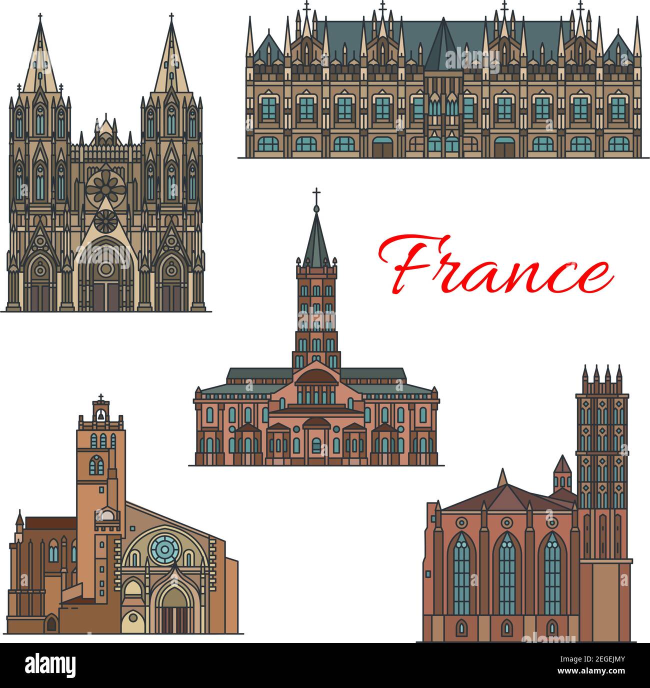 Frankreich berühmte Wahrzeichen Gebäude und Reise Sightseeing Architektur Fassaden Ikonen. Vector Set Justice Palace, Basilica Kirche Saint-Sernin und cathed Stock Vektor