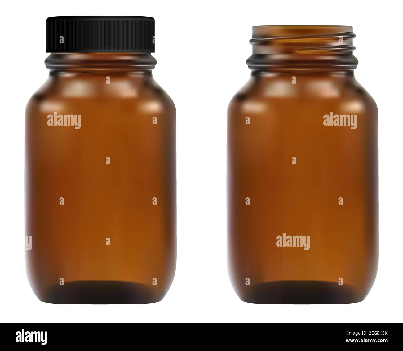 Braune medizinische Glasflasche. Abbildung: Apothekenbehälter. Apotheke Pille Amber Fläschchen 3D Vorlage Design. Transparente Verpackung für ätherisches Öl. B Stock Vektor
