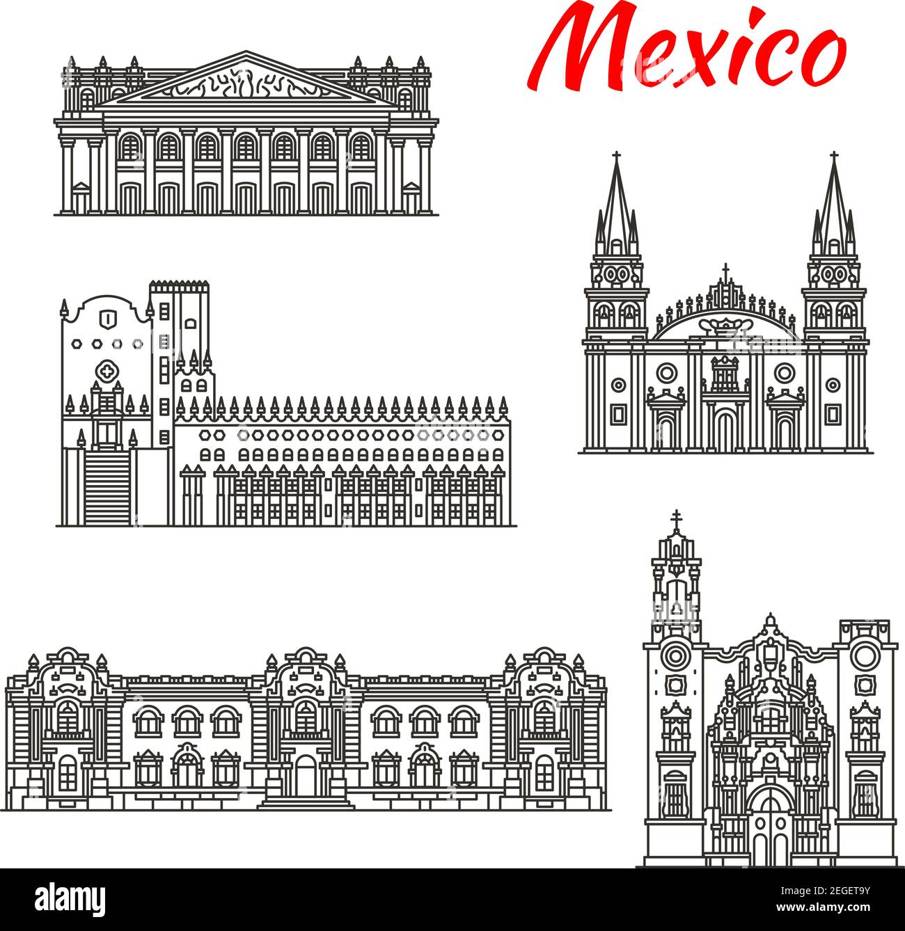Mexikanische Reise Wahrzeichen von Guadalajara und Guanajuato Sehenswürdigkeiten dünne Linie Symbol gesetzt. La Valenciana Kirche, Degollado Theater und Guadalajara Cathé Stock Vektor