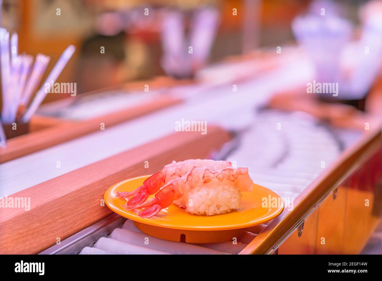 Nahaufnahme auf einem Teller, der zwei frische Shrimps-Sushi auf der Rolle eines Sushi-Förderbands oder des Kaiten-zushi-Restaurants in Japan trägt. Stockfoto