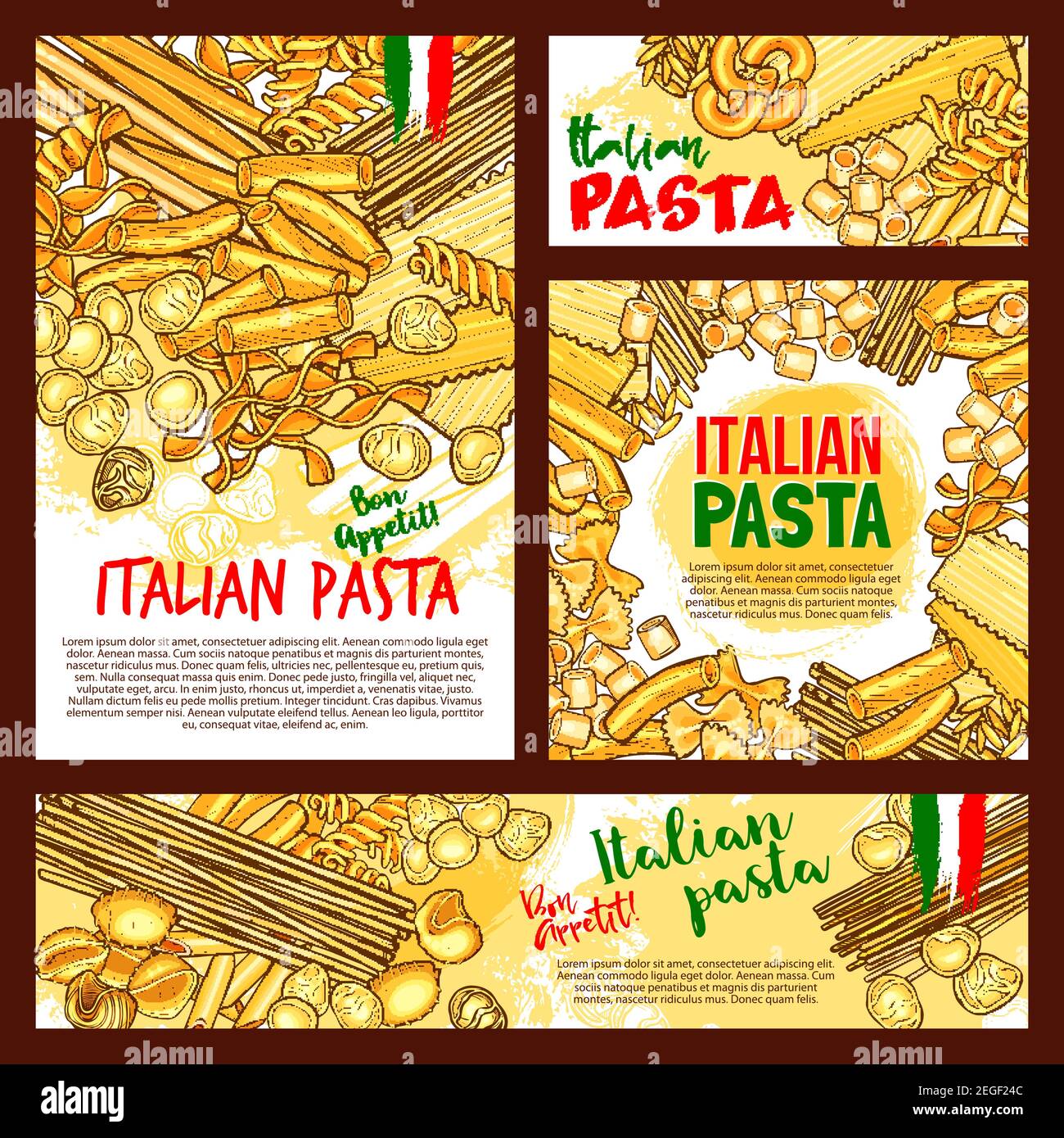 Italienische Pasta-Poster oder Banner für Restaurant-Design. Vector Spaghetti, Fettuccine oder Farfalle und Durum handgefertigte Tagliatelle. Traditionelles Italien Stock Vektor