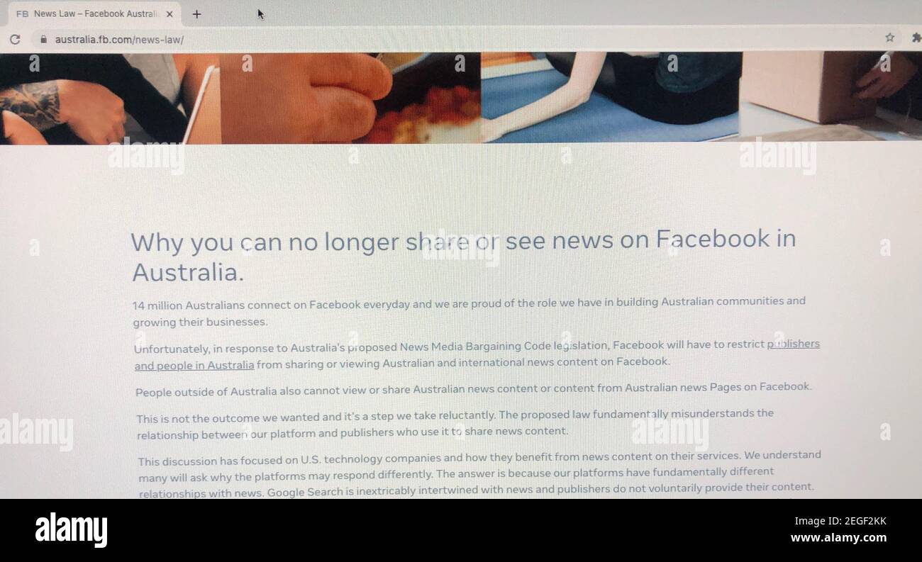 Australien. Februar 2021, 18th. Ein Screenshot zeigt einen Browser mit einer Facebook-Webseite in Australien. Der Social-Media-Riese kündigte an, dass es Menschen und Verleger daran hindern würde, Nachrichten-Links in Australien zu teilen oder anzusehen. Der Schritt, der sofort in Kraft gesetzt wurde, war eine Reaktion auf einen Gesetzesvorschlag der australischen Wettbewerbs- und Verbraucherkommission, die verlangen würde, dass Tech-Unternehmen mit Medienverlagen verhandeln und sie für die Inhalte, die auf ihren Seiten erscheinen, entschädigen würde. (Foto Samuel Rigelhaupt/Sipa USA) Quelle: SIPA USA/Alamy Live News Stockfoto