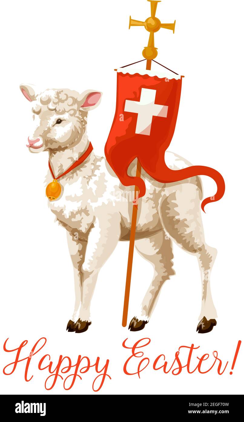 Frohe Ostern Ikone von Lamm und Kreuz auf Flagge für Auferstehung Sonntag Grußkarte oder Poster. Vektor isoliert Symbol der christlichen religiösen Lamm und cr Stock Vektor