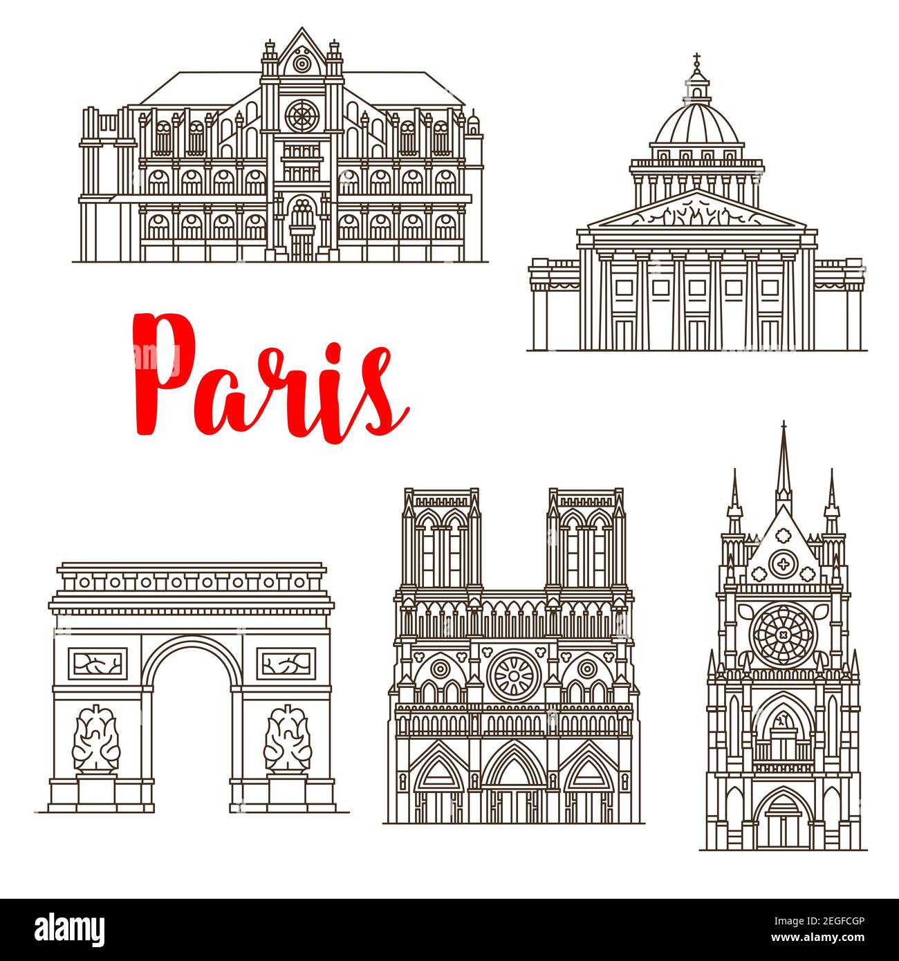 Paris berühmte Wahrzeichen Gebäude und Reise Sightseeing Architektur Linie Symbole. Vector Set von Notre-Dame de Paris Kathedrale, Saint Chapel Kirche oder Pa Stock Vektor
