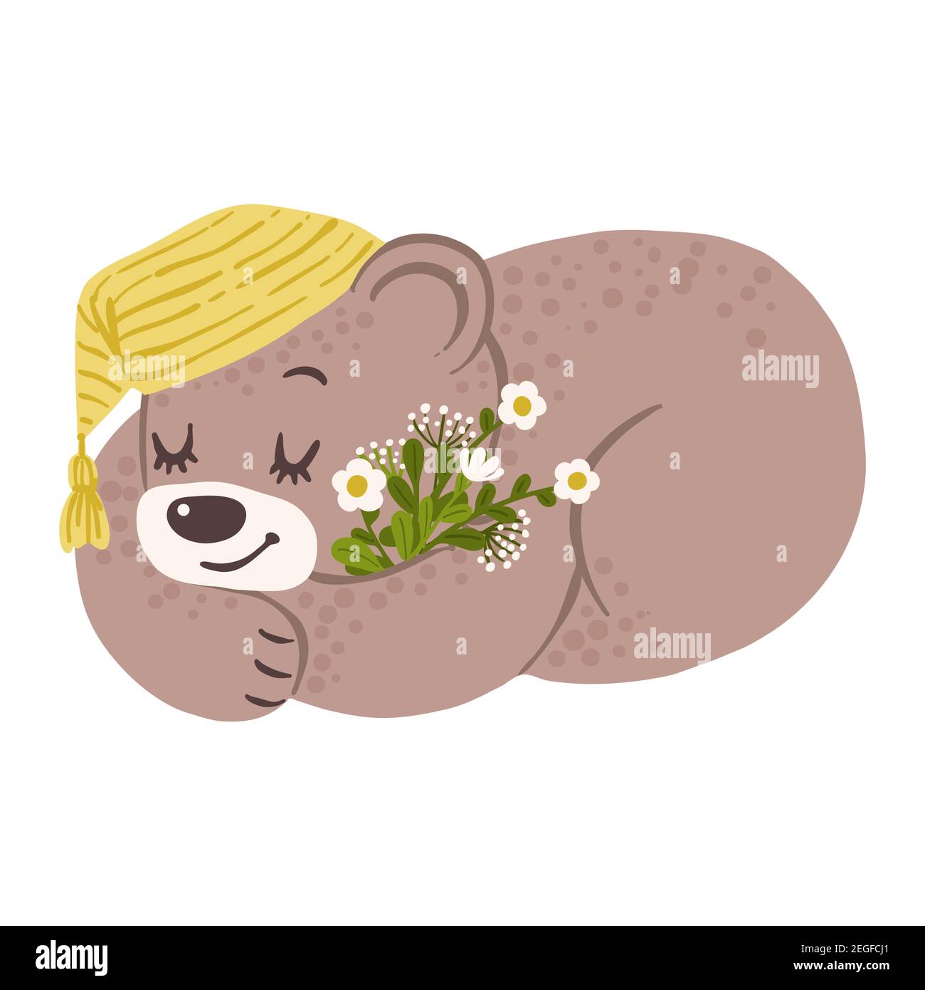 Schlafender Bär in einer Nachtmütze mit Blumen, Vektor-Cartoon-Illustration Stock Vektor Schlafender Bär in einer Nachtmütze mit Blumen, Vektor-Cartoon-Illustration Stock Vektor