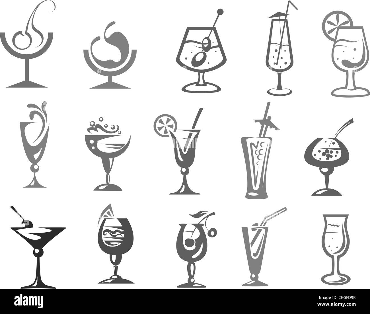 Cocktails und Alkoholgetränke in Gläsern Vektor-Icons. Isolierte Symbole von Rum, Mojito mit Oliven oder Kirsche, Eistee, Whiskey und Champagner, Gin Tonic Stock Vektor
