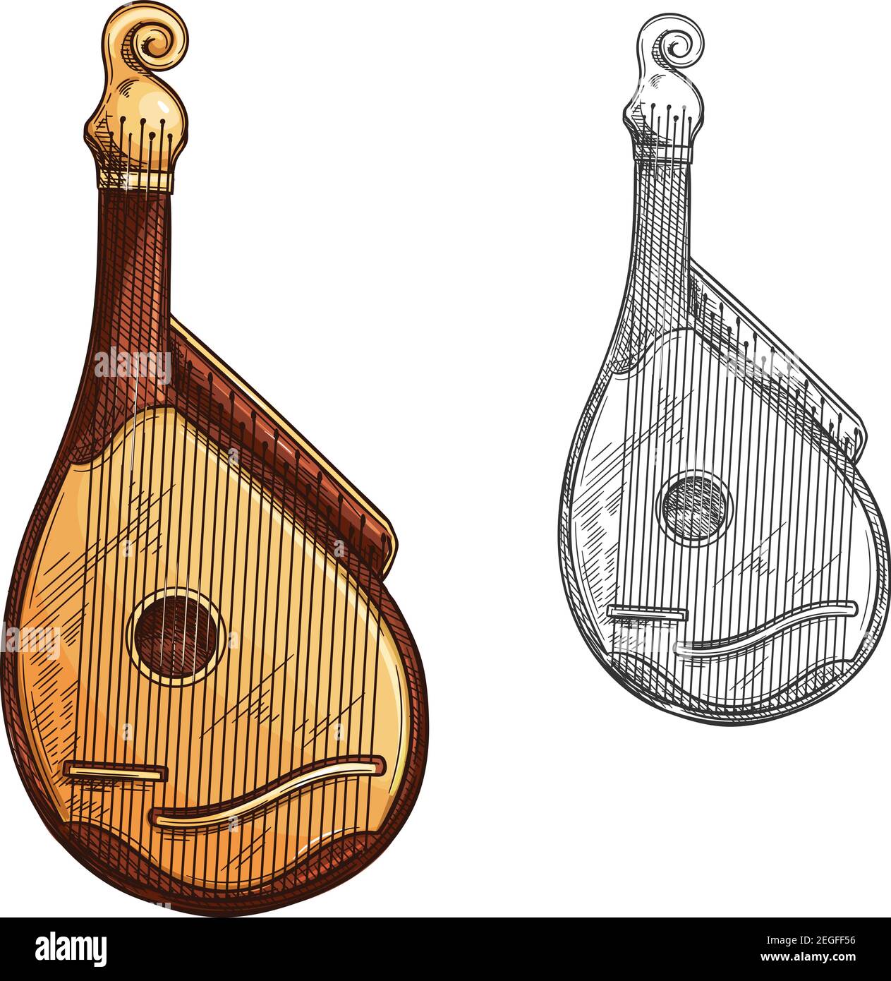 Bandura ukrainisches Musikinstrument isolierte Skizze. Bandura oder Kobza Zupfinstrument der Ukraine mit Holzkörper und Saiten für ethn Stock Vektor