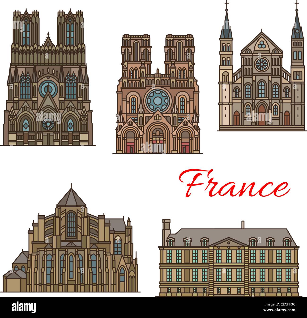 Frankreich berühmte Reise Wahrzeichen Gebäude und Marseilles Architektur Sehenswürdigkeiten Linie Symbole. Vector Set oder Saint Remi Basilika, Notre Dame de Laon und Stock Vektor