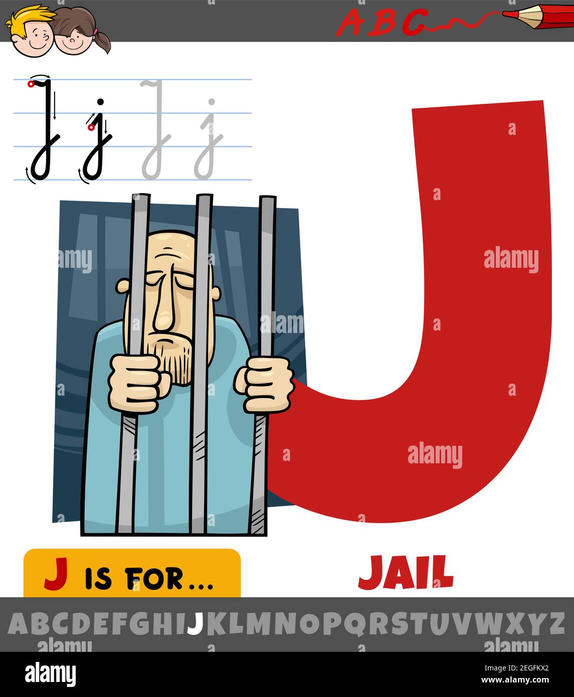 Pädagogische Karikatur Illustration des Buchstaben J aus Alphabet mit Gefängnis Wort für Kinder Stock Vektor