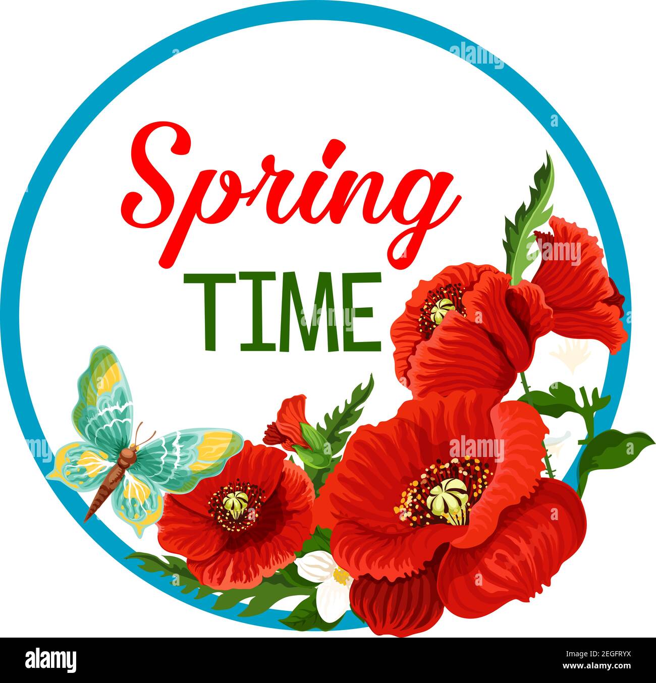 Frühling Mohnblumen floralen Icon-Design für Frühling saisonale Grüße. Vektor isoliert Frühling Schmetterling auf Mohnblüten und Krokussen Blütenblätter Stock Vektor