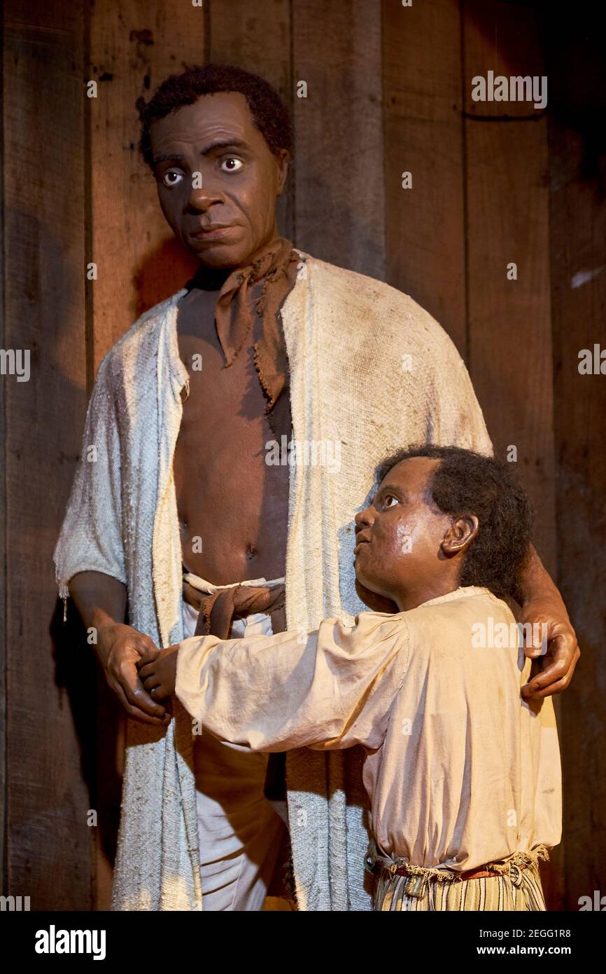 Diorama-Zeichen: Sehen Sklavenauktionen beeinflussen John Brown. Im John Brown Wax Museum in Harpers Ferry, West Virginia. Stockfoto