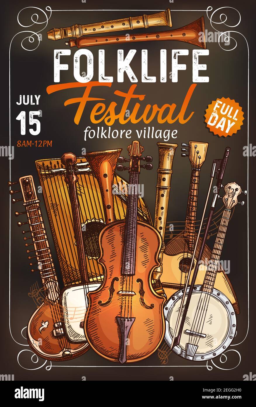 Volksmusikfestival Einladungsplakat mit ethnischem Musikinstrument. Italienische Bratsche, indische Sitar und Rebec, japanische Shamisen, deutsche Zither und amer Stock Vektor