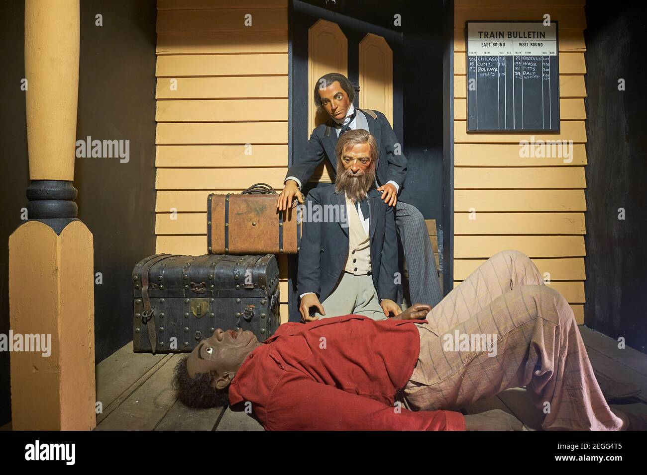 Diorama-Zeichen: Der erste Tod während der Razzia. Im John Brown Wax Museum in Harpers Ferry, West Virginia. Stockfoto