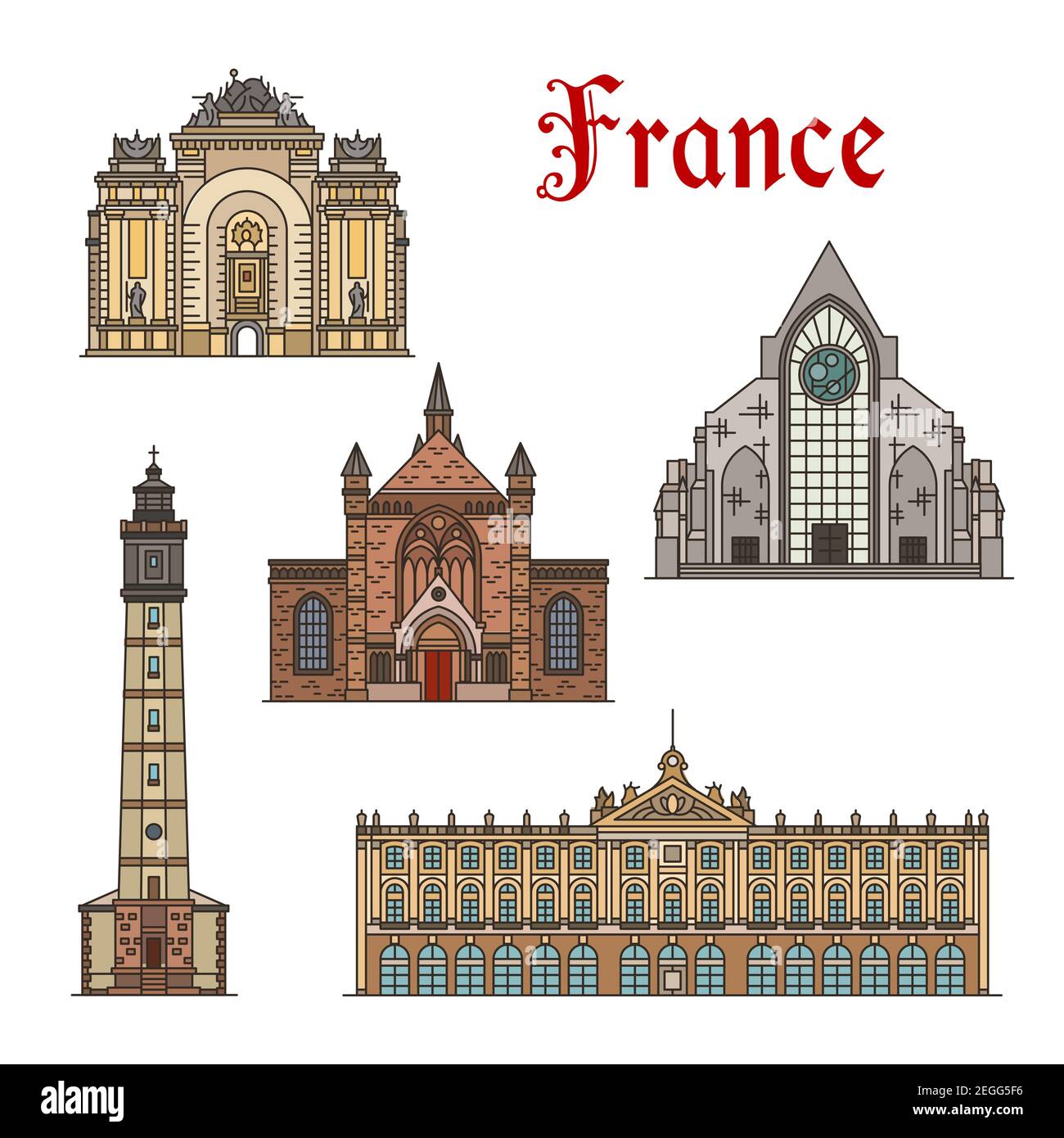 Frankreich berühmte Reise Wahrzeichen Gebäude und Marseilles Architektur Sehenswürdigkeiten Fassaden Ikonen. Vector Set oder Notre Dame de Treille in Lille und Calais Stock Vektor