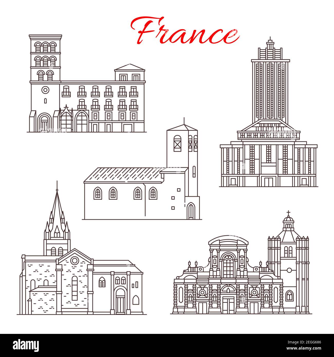 Frankreich berühmte Reise Wahrzeichen Gebäude und Marseilles Architektur Sehenswürdigkeiten Linie Symbole. Vektor-Set von Saint Joseph Kirche, Notre Dame du Havre oder Stock Vektor