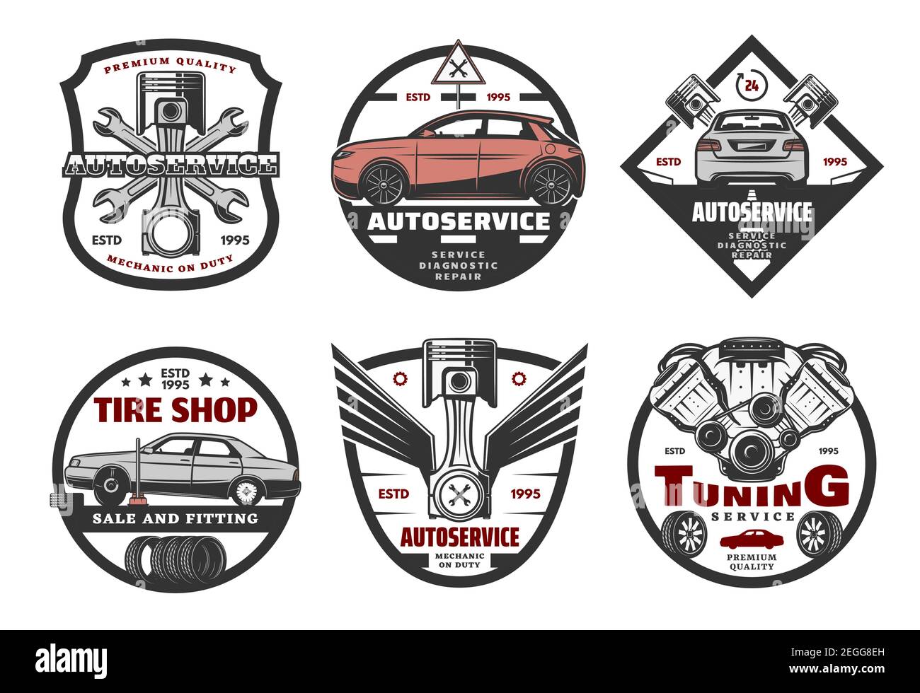 Vektorsymbole für Autoservice oder Reifenhandel, isoliert auf weißem  Hintergrund. Tuning Auto-Service für Autos kreative Embleme. Autoservice  Premium Qualität CO Stock-Vektorgrafik - Alamy