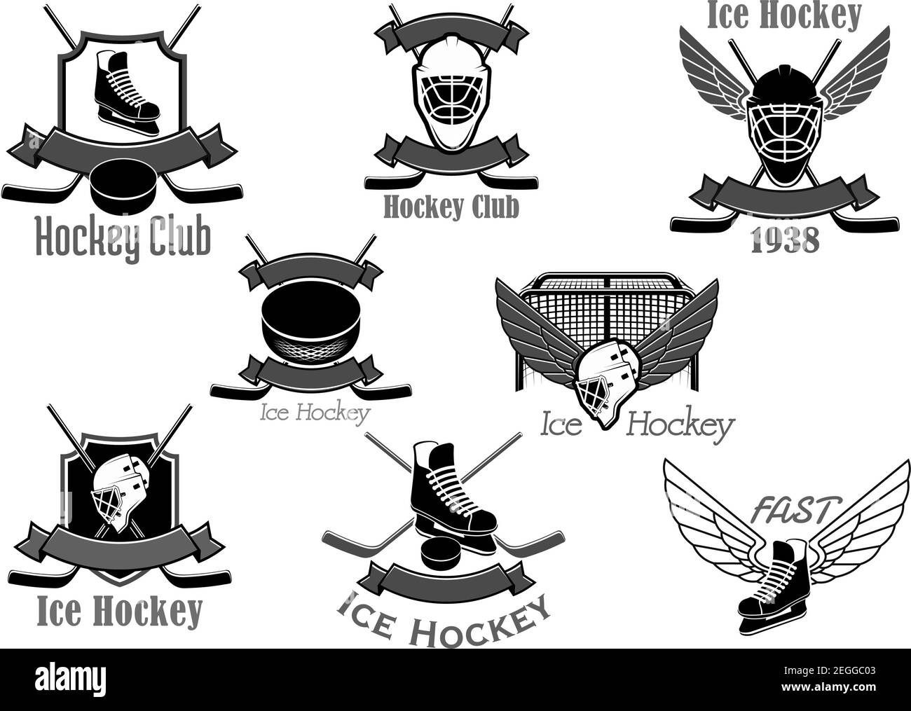 Eishockey-Club Vektor-Symbole gesetzt. Isolierte Symbole von Hockey-Stick und Puck, Torwartmaske und Tor Tore und Eislaufen mit Flügeln und Bändern. Badg Stock Vektor
