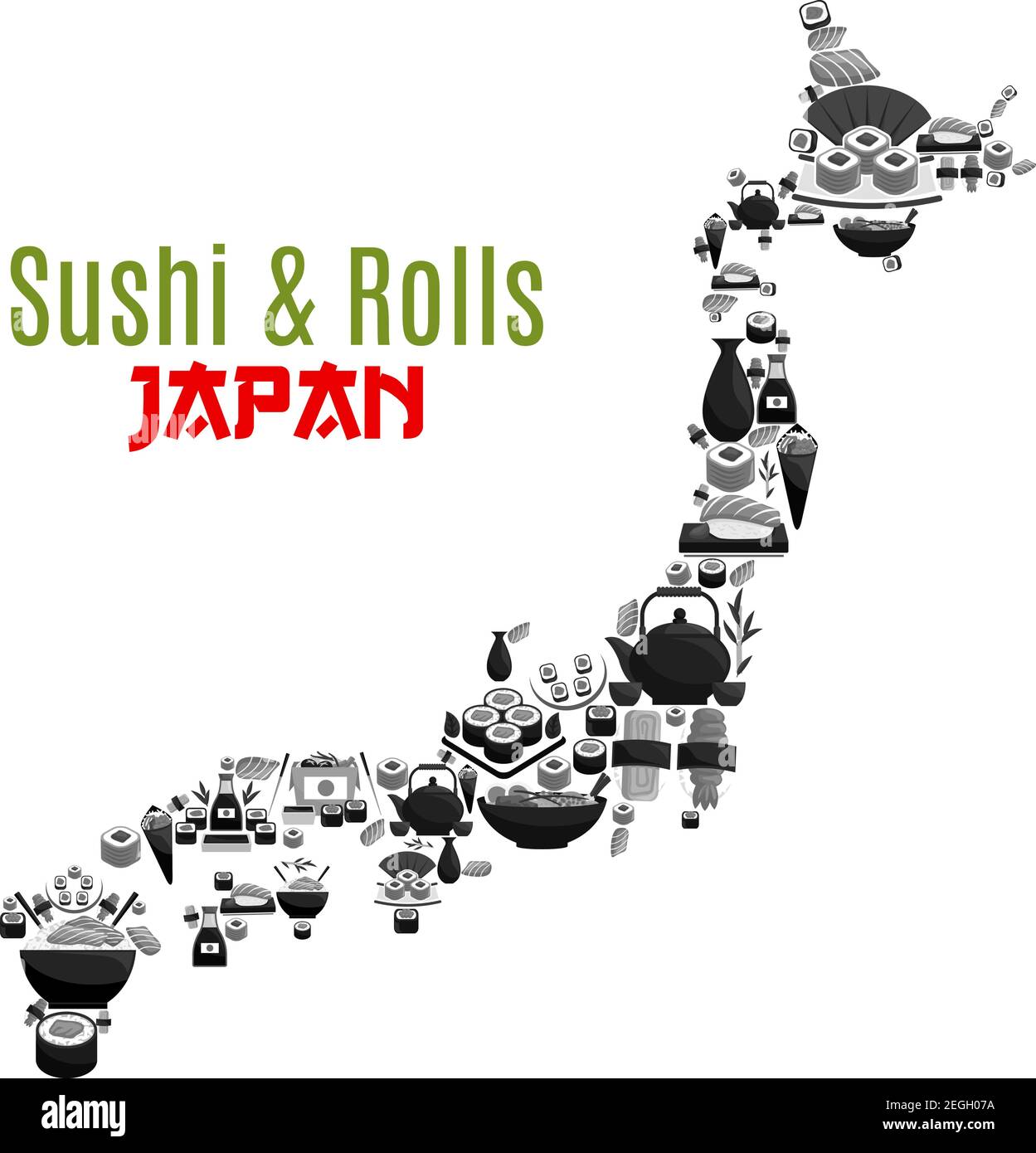 Sushi und Brötchen Poster in Japan Kartenform für japanische Küche Restaurant Design. Vektor-Symbol kombiniert von Fisch Sushi-Rollen, Ramen Nudeln Suppe oder ca. Stock Vektor