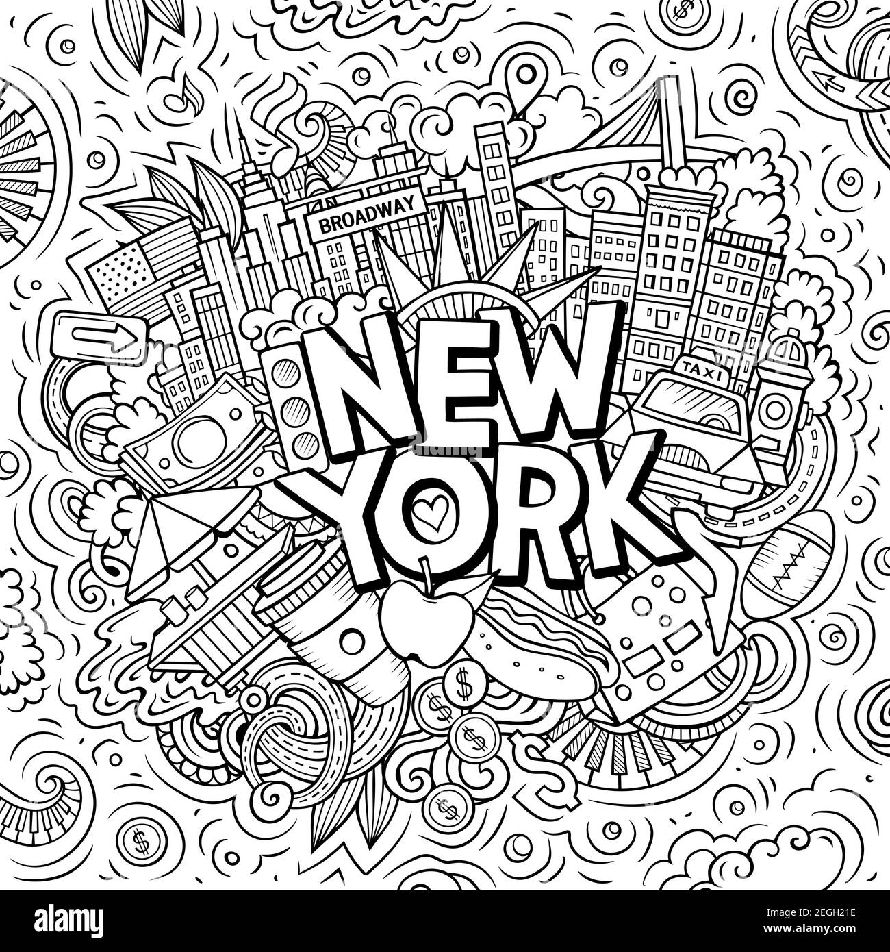 New York handgezeichnete Cartoon Doodle Illustration. Witziges Stadtdesign. Stock Vektor