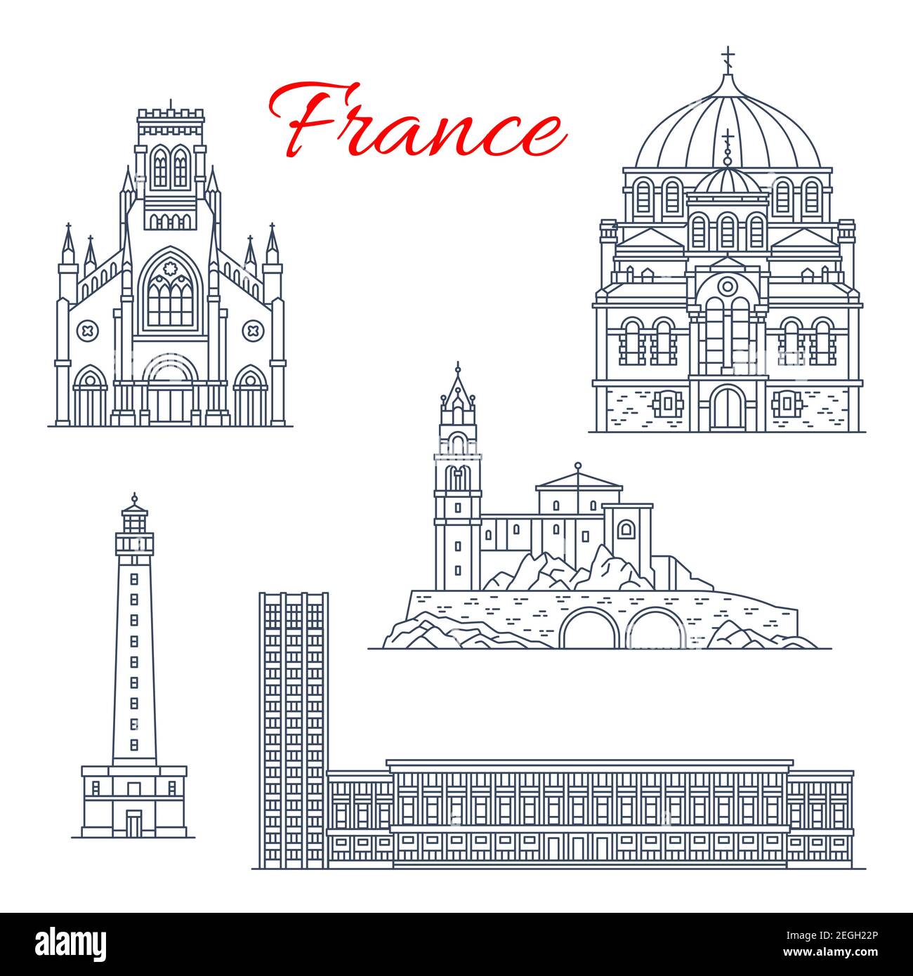 Frankreich berühmte Reise Wahrzeichen Gebäude und Marseilles Architektur Sehenswürdigkeiten Linie Symbole. Vector Set von Sainte Eugenie Kirche, Havre Rathaus oder Sa Stock Vektor