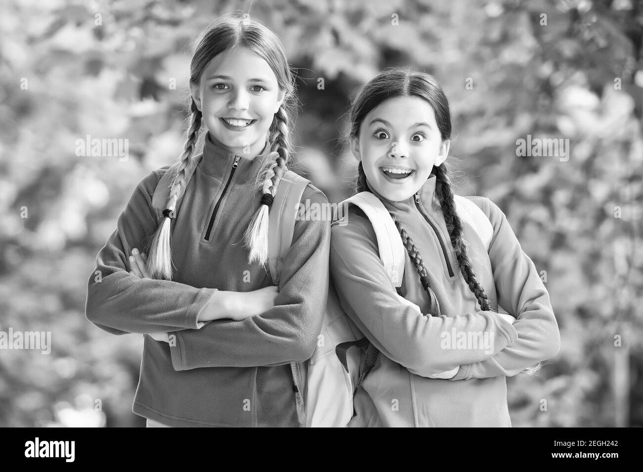 Mädchen Backpacker Freunde Fleece Kleidung Rucksäcke Wald Hintergrund, Bergsteigen Konzept. Stockfoto